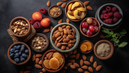 Obraz premium A bowl of fresh, organic nuts and fruit for healthy snacking generated by AI
