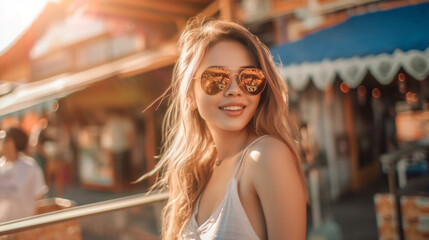 Fototapeta premium a young adult woman on vacation at sandy tourist beach, man ro teenager on summer vacation, people as tourists , tourism. Generative AI