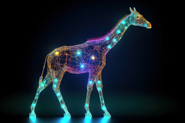 Image of giraffe with light that is in the digital world on a dark background. Wildlife Animals. illustration, generative AI.