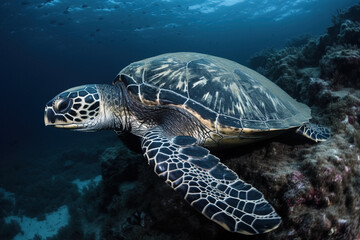 Fototapeta premium image of a hawksbill turtle swimming under the sea. underwater animals. illustration, generative AI.