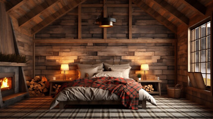 Generative AI, Cozy and Warm Rustic Bedroom with Stone Fireplace