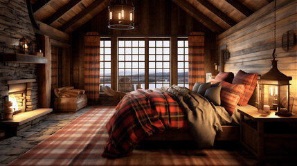 Fototapeta na wymiar Generative AI, Cozy and Warm Rustic Bedroom with Stone Fireplace