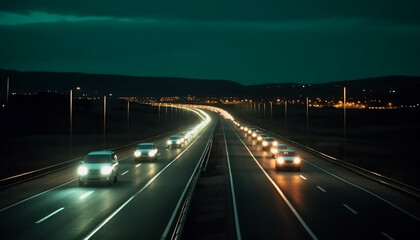 Driving through the city at night, illuminated by headlights generated by AI