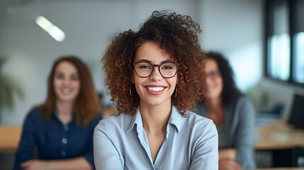 Fototapeta premium young adult woman multiracial multiethnic, in a class or lecture hall in a school or university campus or business meeting, joyful facial expression, tanned skin, smile. Generative AI
