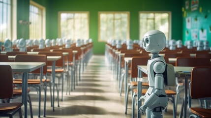 a student, robot is a child, robot child in the classroom in a school, small robots as AI support at the seats, artificial intelligence, humanoid android. Generative AI