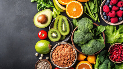 Healthy food with clean eating, fruit, vegetable, seeds, superfood, cereal