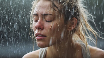 woman in rainy weather with rain, raindrops, humble or sad, angry or highly emotional, young adult woman, caucasian, 20s, fictional reason, close-up. Generative AI