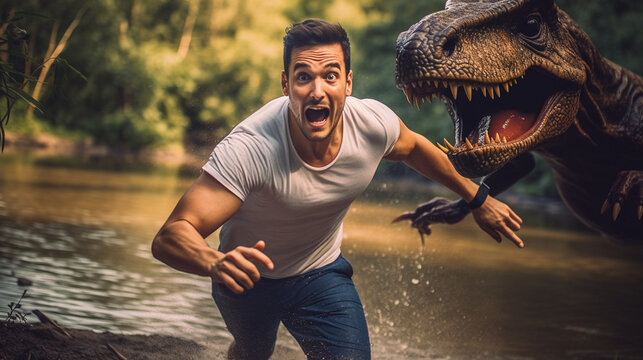 adventurer, normal adult man flees from a dinosaur, river waters, in a t-shirt and jeans, runs away, fictitious abstract. Generative AI