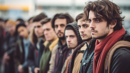 Fototapeta premium bad mood, crowd, dense crowd or queue, fictional place and happening, young adult people. Generative AI