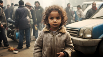 young child kid local with a desperate or annoyed expression on her face, in a crowded street or city, poverty and/or bad air, visible exhaust fumes misty air. Generative AI