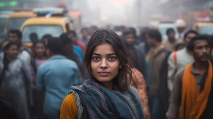 local young adult woman with a desperate or annoyed expression on her face, in a crowded street or city, poverty and/or bad air, visible exhaust fumes misty air. Generative AI