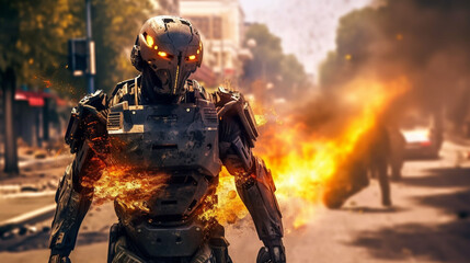 Fototapeta premium scary robot is a weapon in war, soldiers robot, war machine, humanoid android with artificial intelligence. Generative AI