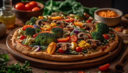 Fototapeta premium Freshly baked homemade pizza on rustic wooden table with mozzarella generated by AI