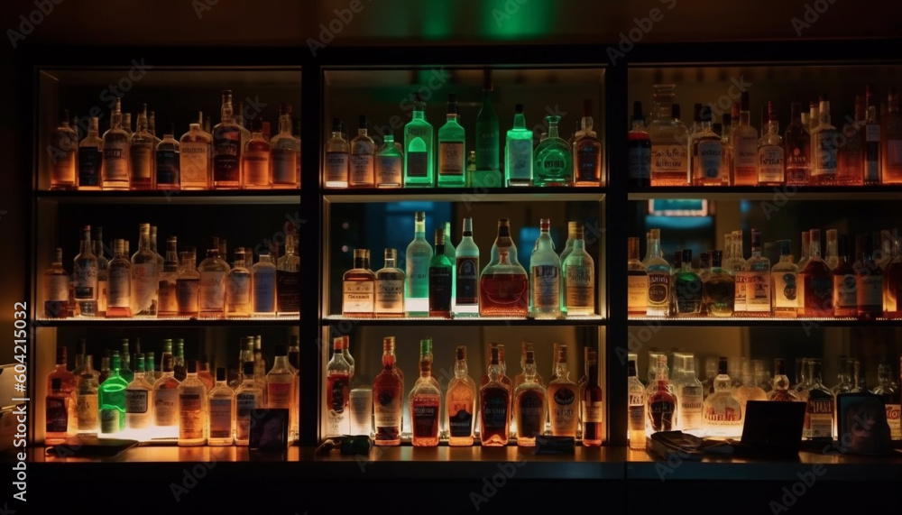 Poster a dark bar counter illuminated by multi colored glass bottles generated by ai