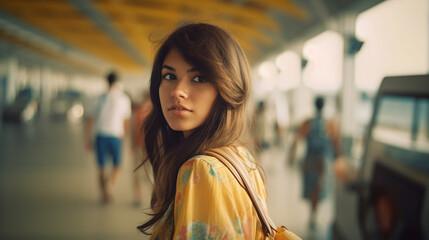 Curiosity and drive, young adult woman arriving at the airport, airport exit looking for a taxi or bus, arriving on vacation, traveling alone, adventure and world trip. Generative AI