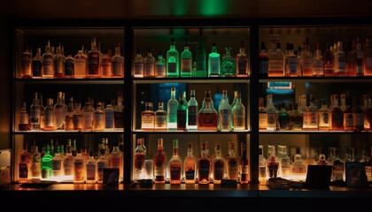 A dark bar counter illuminated by multi colored glass bottles generated by AI