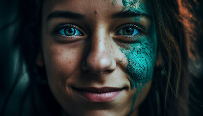Confident young woman with creative face paint smiles at camera generated by AI