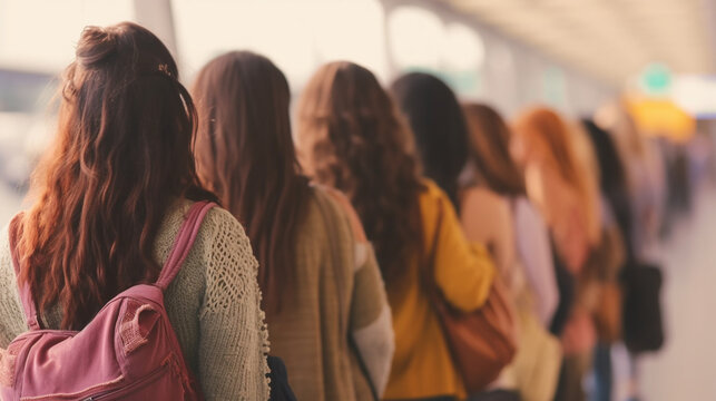 Queue At The Terminal, Airport Or Train Station Or Bus Station, In A Row Women With Luggage, Trolley Suitcase, Rear View. Generative AI