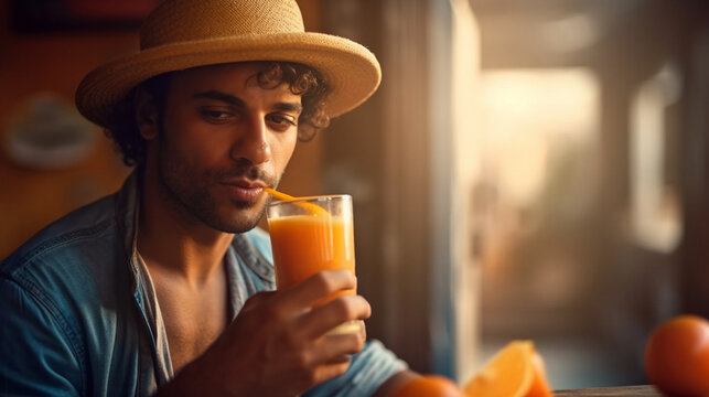 young adult man drinks a juice, orange juice or similar in a cup, soft drink healthy, fictitious place, satisfied facial expression because of good tasty taste. Generative AI