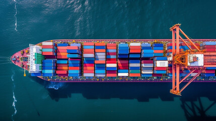 Top View of Container ship in the sea. Aerial view of container ship in the sea, generative ai