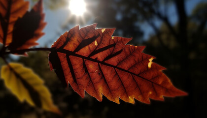 Vibrant autumn foliage on maple tree, back lit by sunlight generated by AI