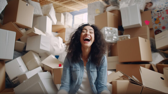 Moving Stress, Moving Boxes Stacked And Next To Each Other In The Room, Woman With A Stressed, Depressed, Annoyed And Exhausted Facial Expression. Generative AI