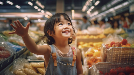 good mood small child, child girl in the supermarket, smiling joyful girl shopping. Generative AI