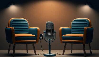Two chairs and microphones in Studio for podcast or interview, Generative Ai