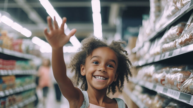 good mood small child, child girl in the supermarket, smiling joyful girl shopping. Generative AI