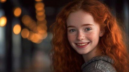 Fototapeta premium teenage girl youthful beauty, smiling with joy and contentment, being happy, sunshine and sunlight, sunbeams on face, indoor, girl youth. Generative AI