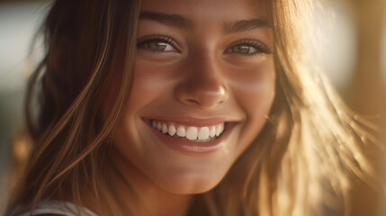 teenage girl youthful beauty, smiling with joy and contentment, being happy, sunshine and sunlight, sunbeams on face, indoor, girl youth. Generative AI