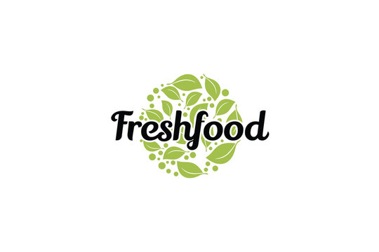fresh food logo with a combination of fresh food lettering and green leaves in a circle shape.