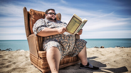 escape from reality to a beach and the ocean, a fictional person in a fictional place, an overweight man sits in his armchair at home and wears VR glasses while sticking out his fat belly