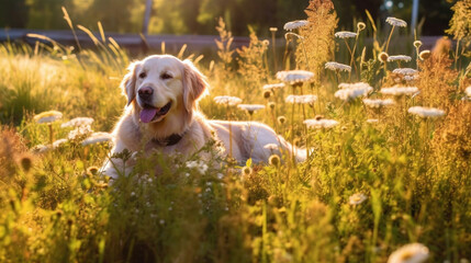 cute playful dog, pet, in a high meadow in nature or garden in spring doer summer