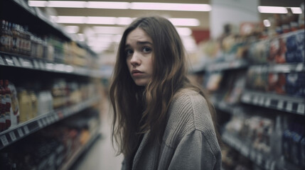 young adult woman in bad mood, in supermarket