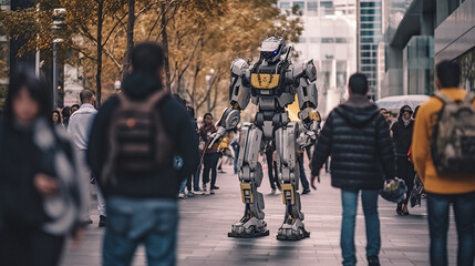 Obraz premium robot, humanoid android artificial intelligence, white robot in a city crowd, fictional happening