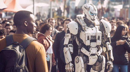 robot, humanoid android artificial intelligence, white robot in a city crowd, fictional happening