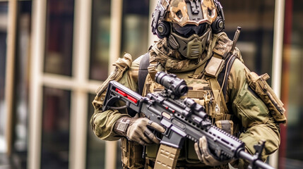 Obraz premium modern fictional soldier, weapon and combat gear, man as soldier in uniform
