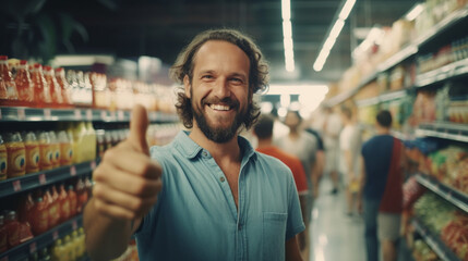 young adult man in supermarket with super good mood, happy shopping in supermarket