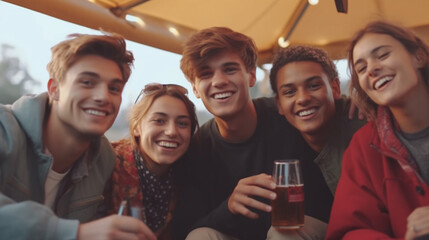 group of young adults or teenagers, friends or group or talking, outside under parasol at camping or camperur, having a drink together, early evening fun and joy. Generative AI