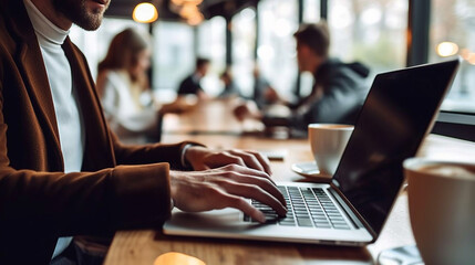 adult man, businessman with a promising career, at the laptop sitting in a cafe or restaurant, or digital nomad, having fun and enjoying working at the job