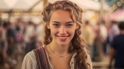 young adult woman wears dirndl dress at the oktoberfest or city festival or folk festival, joyful smile, anticipation and fun