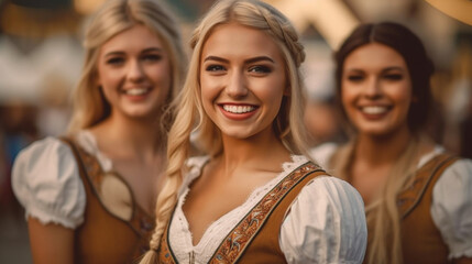 Fototapeta premium city festival folk festival or oktoberfest, young adult women wear a dirndl, typical bavarian outfit, nice good sunny weather, blonde, attractive beautiful beauty