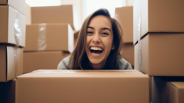 young adult woman moving, making fun and nonsense and hiding in the moving boxes, fun and joy moving to a new apartment, have a great day