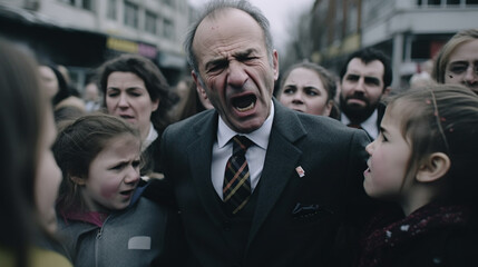 an old man in a suit has a fight with a child, father and daughter or strangers meet on the street, angry and furious, shouting and insulting loudly, girl against man - obrazy, fototapety, plakaty