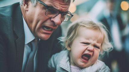 an old man in a suit has a fight with a child, father and daughter or strangers meet on the street, angry and furious, shouting and insulting loudly, girl against man - obrazy, fototapety, plakaty