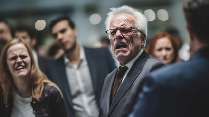 weird business situation, an old man in a suit has an argument with someone, angry and furious, shouting loudly and insulting, fictive reason and happening - obrazy, fototapety, plakaty