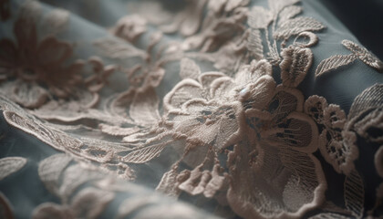 Silk wedding dress with ornate embroidery and floral pattern backdrop generated by AI