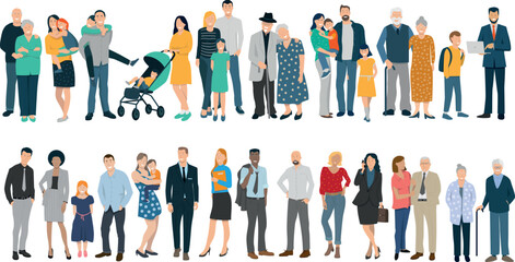 illustration vectorielle représentant une foule de gens, d'âge et de race différents. Des enfants, des personnes âgées, des familles. Flat design. - 604218286