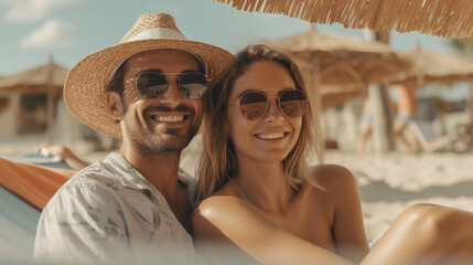 on the beach, a couple, man and woman young adults, on a beach lounger on the sandy beach, summer vacation, fictional location